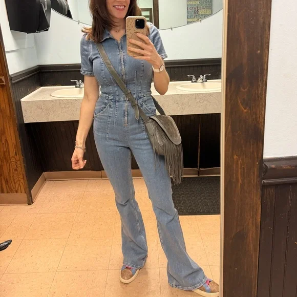 Free People Jayde point collar short sleeve flared leg flight suit sz S - Picture 1 of 10